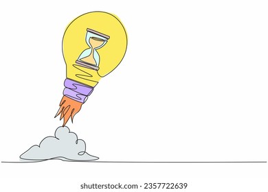 Single continuous line drawing hourglass launching with light bulb. The best time for a startup. Business deadline. Metaphor of space exploration. Dynamic one line graphic design vector illustration