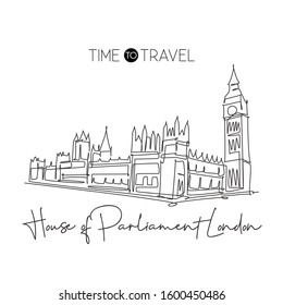 Single continuous line drawing house parliament London landmark. Famous place in England, United Kingdom. World travel home wall decor poster concept. Simple one line draw design vector illustration