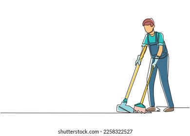 Single continuous line drawing housekeeping male worker with broom and dustpan. Young man janitor, sweeping the floor with broom, holding dustpan, professional cleaning. One line draw design vector
