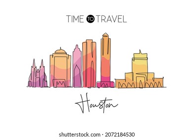 Single continuous line drawing of Houston city skyline, USA. Famous city scraper and landscape. World travel concept home wall decor poster print art. Modern one line draw design vector illustration