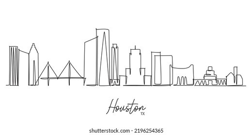 Single continuous line drawing of Houston city skyline USA. Famous city skyscraper landscape. World travel postcard home decor wall art poster print concept. Modern one line draw design illustration