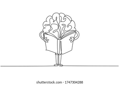 Single continuous line drawing of human brain standing and reading book for public library logo label. Smart character logotype icon concept. Modern one line draw graphic design vector illustration