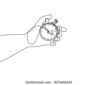 Single continuous line drawing human hand holding stopwatch. Arrow, clock, meter. Measurement and time management concept for banner, website design or landing web page. One line draw design vector