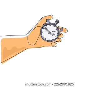 Single continuous line drawing human hand holding stopwatch. Arrow, clock, meter. Measurement and time management concept for banner, website design or landing web page. One line draw design vector