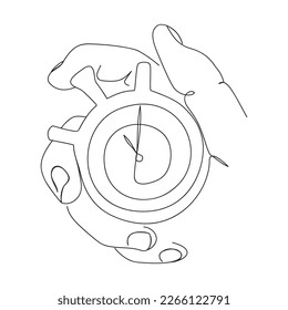 Single continuous line drawing human hand holding stopwatch. Arrow, clock, meter. Vector