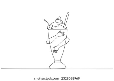 Single continuous line drawing human hands hugging milkshake. Drinks made from fresh milk or fresh liquid milk mixed with ice cream. Chocolate is favorite flavour. One line design vector illustration