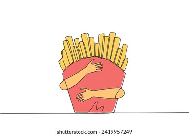 Single continuous line drawing of human hands hugging french fries. Fast food that many people like; old, young, children. When addicted will cause obesity. Not a healthy food. One line design vector