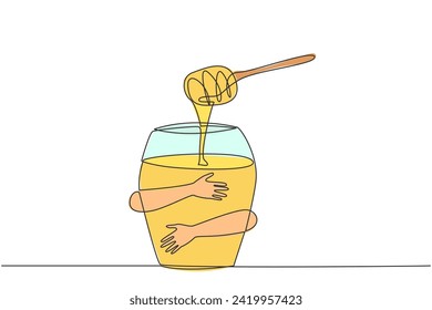 Single continuous line drawing human hands hugging honey. A sweet, thick-textured liquid produced by bees that has many health benefits for the human body. Herbal. One line design vector illustration