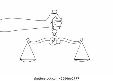 Single continuous line drawing human hand holding a scale. Symbolism. Uphold just laws. Create a sense of security for others. Equality before the law. Law Day. One line design vector illustration
