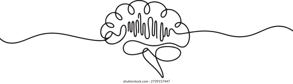 Single continuous line drawing of human brain listening music beat for musical company logo label. Smart audio dj logotype icon concept. one line Icon drawing
