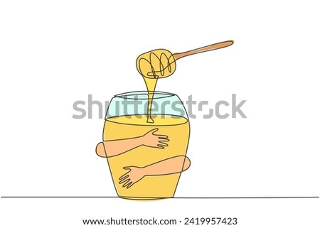 Single continuous line drawing human hands hugging honey. A sweet, thick-textured liquid produced by bees that has many health benefits for the human body. Herbal. One line design vector illustration