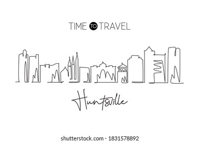 Single continuous line drawing of Huntsville skyline, Alabama. Famous city scraper landscape. World travel home wall decor art poster print concept. Modern one line draw design vector illustration