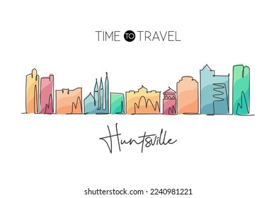 Single continuous line drawing of Huntsville skyline, Alabama. Famous city scraper landscape. World travel home wall decor art poster print concept. Modern one line draw design vector illustration