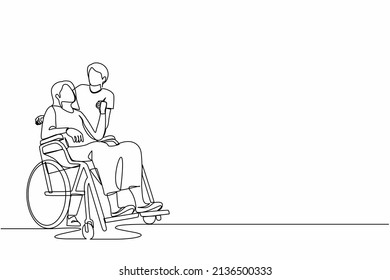 Single continuous line drawing husband embracing disabled wife sitting on wheelchair. Couple looking at each other with love. Man holding hands of disable woman. One line draw graphic design vector