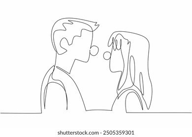 Single continuous line drawing husband and wife look at each other with round red nose. Comfort and strengthen each other. Acting like a clown. Funny. Red Nose Day. One line design vector illustration