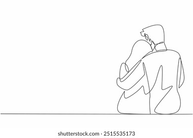 Single continuous line drawing husband hugs his wife who is sitting. Providing comfort to beloved women. Hugging to soothe. Giving warmth. Love. National Hug Day. One line design vector illustration