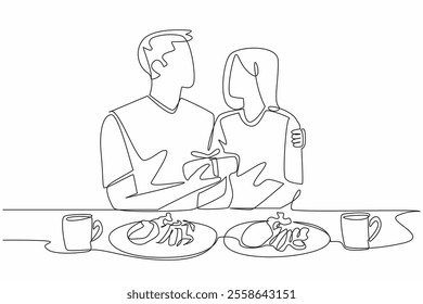 Single continuous line drawing a husband embraces his wife while holding ribboned gift box. Romantic dinner gift for the beloved husband. Husband Appreciation Day. One line design vector illustration