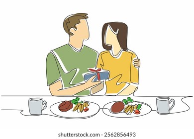 Single continuous line drawing a husband embraces his wife while holding ribboned gift box. Romantic dinner gift for the beloved husband. Husband Appreciation Day. One line design vector illustration