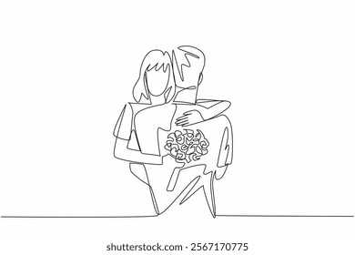 Single continuous line drawing husband and wife hugging with wife carrying a bouquet of flowers. Expression of deepest affection. Love. Couple Appreciation Day. One line design vector illustration