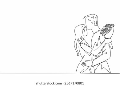 Single continuous line drawing husband kisses forehead of wife while wife holds a bouquet of flowers. The deepest love for wife. Romance. Couple Appreciation Day. One line design vector illustration