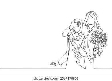 Single continuous line drawing the husband stands behind his wife and covers her eyes with hands. Expression of gratitude with a surprise. Couple Appreciation Day. One line design vector illustration