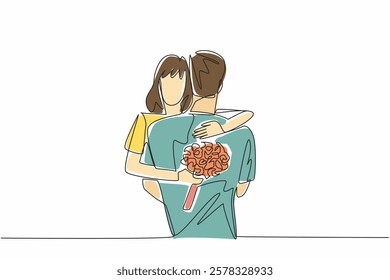 Single continuous line drawing husband and wife hugging with wife carrying a bouquet of flowers. Expression of deepest affection. Love. Couple Appreciation Day. One line design vector illustration