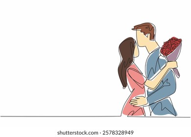 Single continuous line drawing husband kisses forehead of wife while wife holds a bouquet of flowers. The deepest love for wife. Romance. Couple Appreciation Day. One line design vector illustration