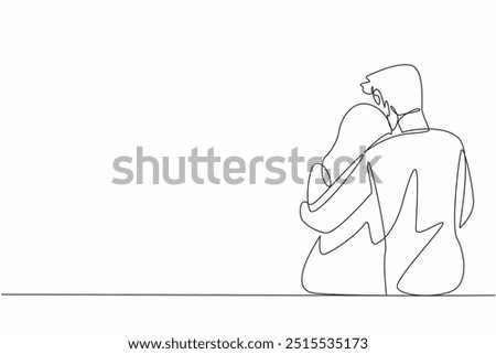 Single continuous line drawing husband hugs his wife who is sitting. Providing comfort to beloved women. Hugging to soothe. Giving warmth. Love. National Hug Day. One line design vector illustration