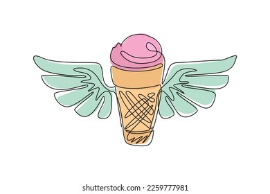 Single continuous line drawing ice cream cone with wings icon. Winged frozen ice cream logo for food business. Delicious dessert in summer. Dynamic one line draw graphic design vector illustration