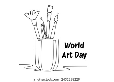 una sola línea continua, icono de dibujo de herramientas de pintura en una taza. banner e icono del día de arte. Evento del Día Mundial del Arte. Ilustración vectorial de arte de línea continua. Línea simple.