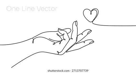 Un solo dibujo de línea continua ilustra una mano humana que llega a una forma de corazón El arte minimalista de la línea negra se establece contra un fondo blanco limpio
