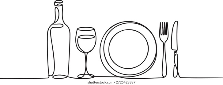 Um único desenho de linha contínua ilustra uma configuração de mesa completa, com uma garrafa de vinho, copo de vinho, prato de jantar, garfo e faca. Esta arte elegante e minimalista captura a essência do jantar, cozinha fina e celebração. Ele evoca uma sensação de hospitalidade, experiência gourmet, e ocasiões especiais, perfeito para temas culinários e restaurantes. O design representa sofisticação e simplicidade artística.
