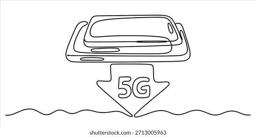 Un solo dibujo de línea continua que ilustra un teléfono inteligente que recibe un Vector de conectividad 5g de alta velocidad, ilustración