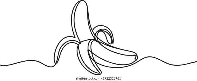 Desenho de linha única contínua ilustrando uma banana madura parcialmente descascada com segmentos curvando para fora para um conceito de fruta fresca.