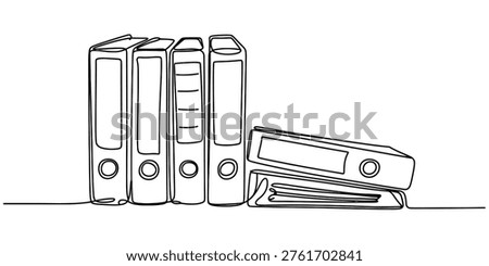 A single continuous line drawing illustration showing a collection of office ring binder folders Vector, illustration