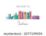 Single continuous line drawing Incheon skyline, South Korea. Famous city scraper landscape postcard. World travel destination concept. Editable stroke modern one line draw design vector illustration
