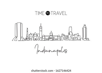 Single continuous line drawing of Indianapolis city skyline, USA. Famous city scraper and landscape. World travel concept home wall decor poster print. Modern one line draw design vector illustration