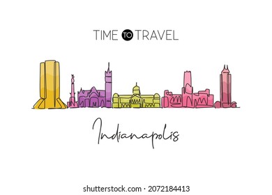 Single continuous line drawing of Indianapolis city skyline, USA. Famous city scraper and landscape. World travel concept home wall decor poster print. Modern one line draw design vector illustration