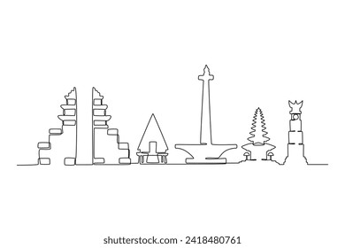 Single continuous line drawing of indonesian skyline, Indonesia. Famous city scraper landscape. World travel concept home wall decor poster print art. Modern one line draw design vector illustration