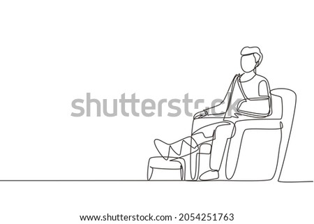 Single continuous line drawing injured patient man with bounded leg, head, arm. Sit in armchair at hospital traumatology department chamber after accident. One line draw design vector illustration