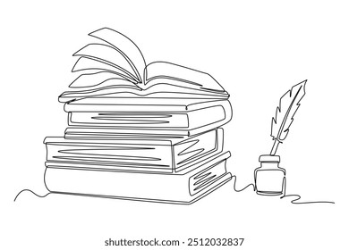 Single continuous line drawing of ink and quill pen beside stack of books, on office desk. Old antique writing equipment for writer or student concept. One line draw graphic design vector illustration