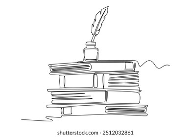 Single continuous line drawing of ink and quill pen on stack of books and office desk. Vintage writing equipment for writer or student concept. Dynamic one line draw graphic design vector illustration