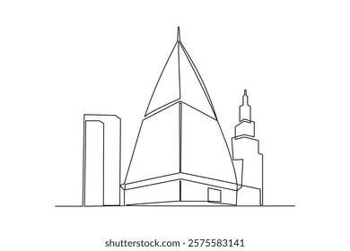 Single continuous line drawing Innovative building designs. Building architecture property isolated minimalism concept. Dynamic one line graphic design vector illustration on white background