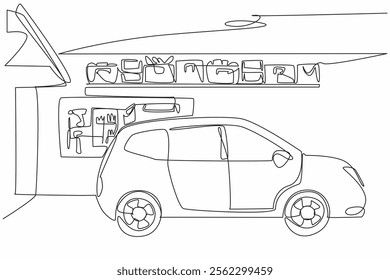 Single continuous line drawing the interior of the car garage and workshop equipment are attached to the wall. Owner preparedness. Organized. National Garage Day. One line design vector illustration