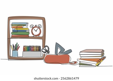 Single continuous line drawing an interior that depicts a place to study. A neatly arranged study or work space. Make the mood always good. World Stationery Day. One line design vector illustration