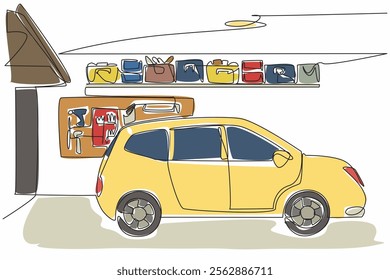 Single continuous line drawing the interior of the car garage and workshop equipment are attached to the wall. Owner preparedness. Organized. National Garage Day. One line design vector illustration