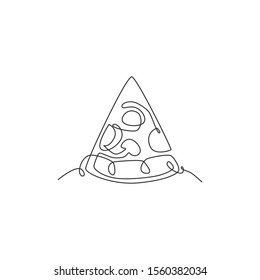 Single continuous line drawing Italian pizza logo label. Emblem fast food pizzeria restaurant concept. Modern one line draw design vector graphic illustration for cafe, shop or food delivery service