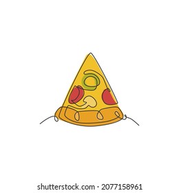 Single continuous line drawing Italian pizza logo label. Emblem fast food pizzeria restaurant concept. Modern one line draw design vector graphic illustration for cafe, shop or food delivery service
