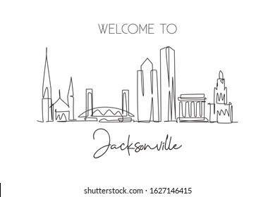 Single continuous line drawing of Jacksonville city skyline, USA. Famous city scraper and landscape. World travel concept home wall decor poster print. Modern one line draw design vector illustration