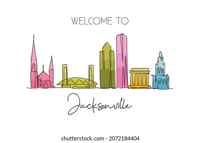 Single continuous line drawing of Jacksonville city skyline, USA. Famous city scraper and landscape. World travel concept home wall decor poster print. Modern one line draw design vector illustration